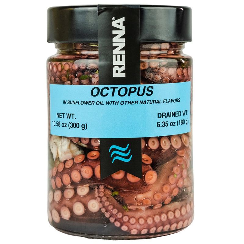 Renna, Fresh Whole Wild Octopus Tentacles in Oil, 10.58oz, Tender, Mediterranean Seafood Salad, Product of Italy, Ready-to-Eat Octopus, Preserved Appetizer, 10.58 oz