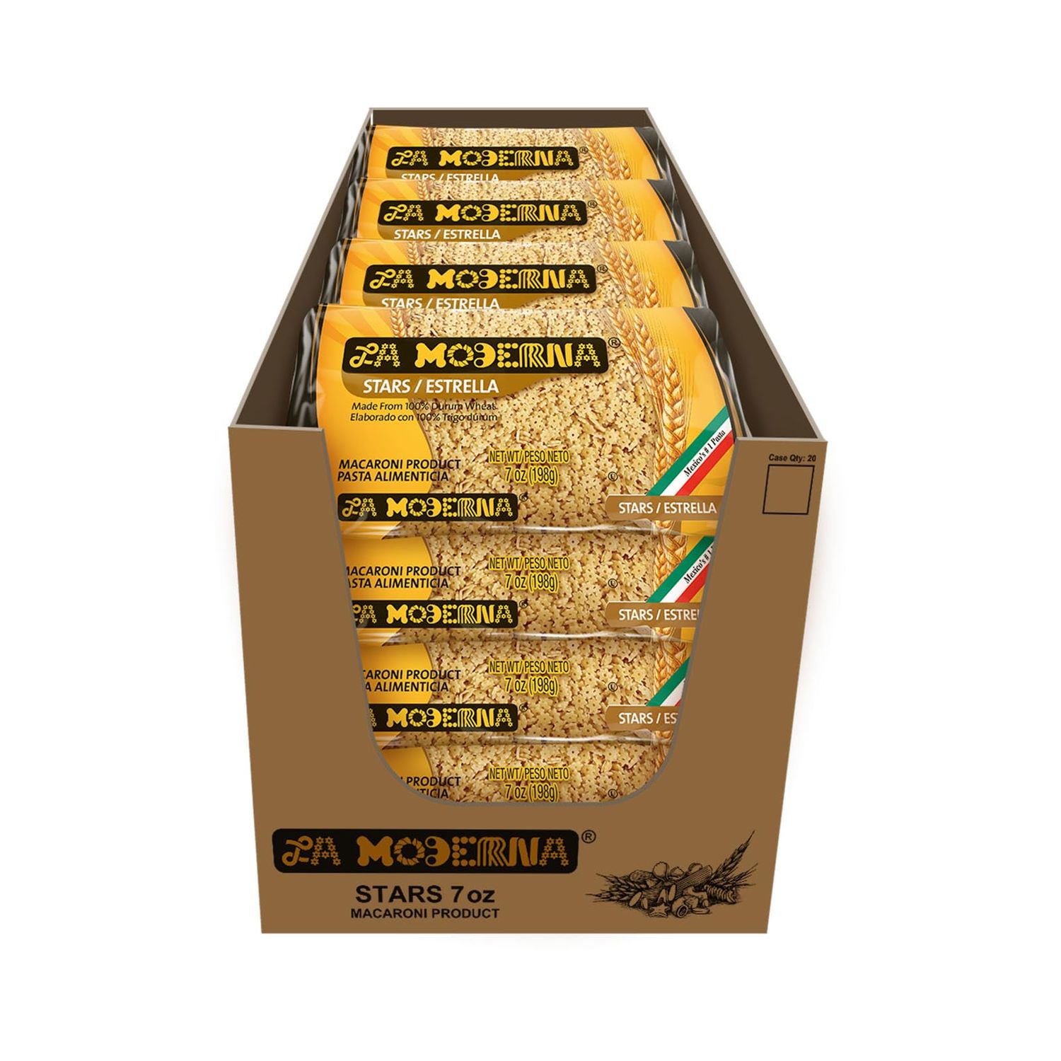 LA MODERNA, Estrella, Pasta, Hecha con Smola de Trigo Durum, Enriquecida con Vitaminas y Hierro, 7 oz, Pack de 20