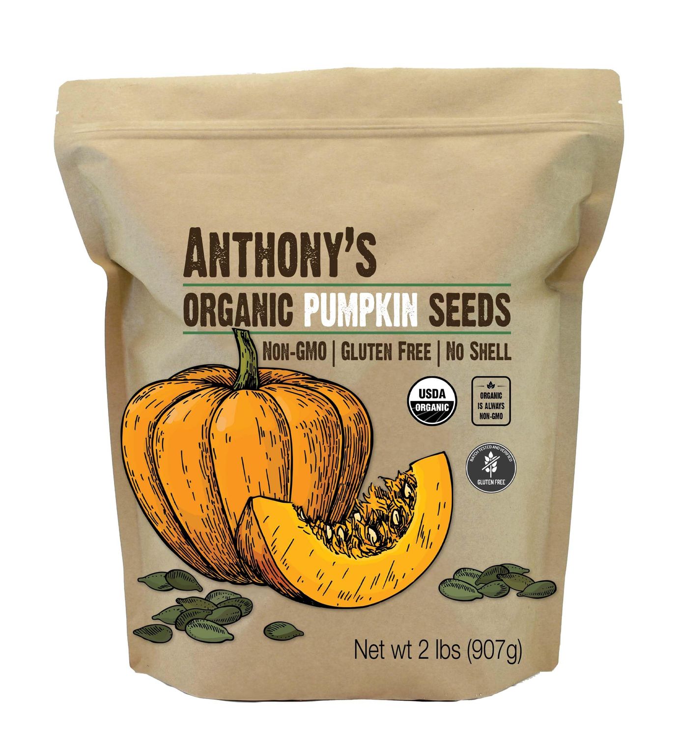 Anthony&#39;s Organic Pumpkin Seeds, 2 lb, Gluten Free, Non GMO, No Shell, Unsalted, Raw