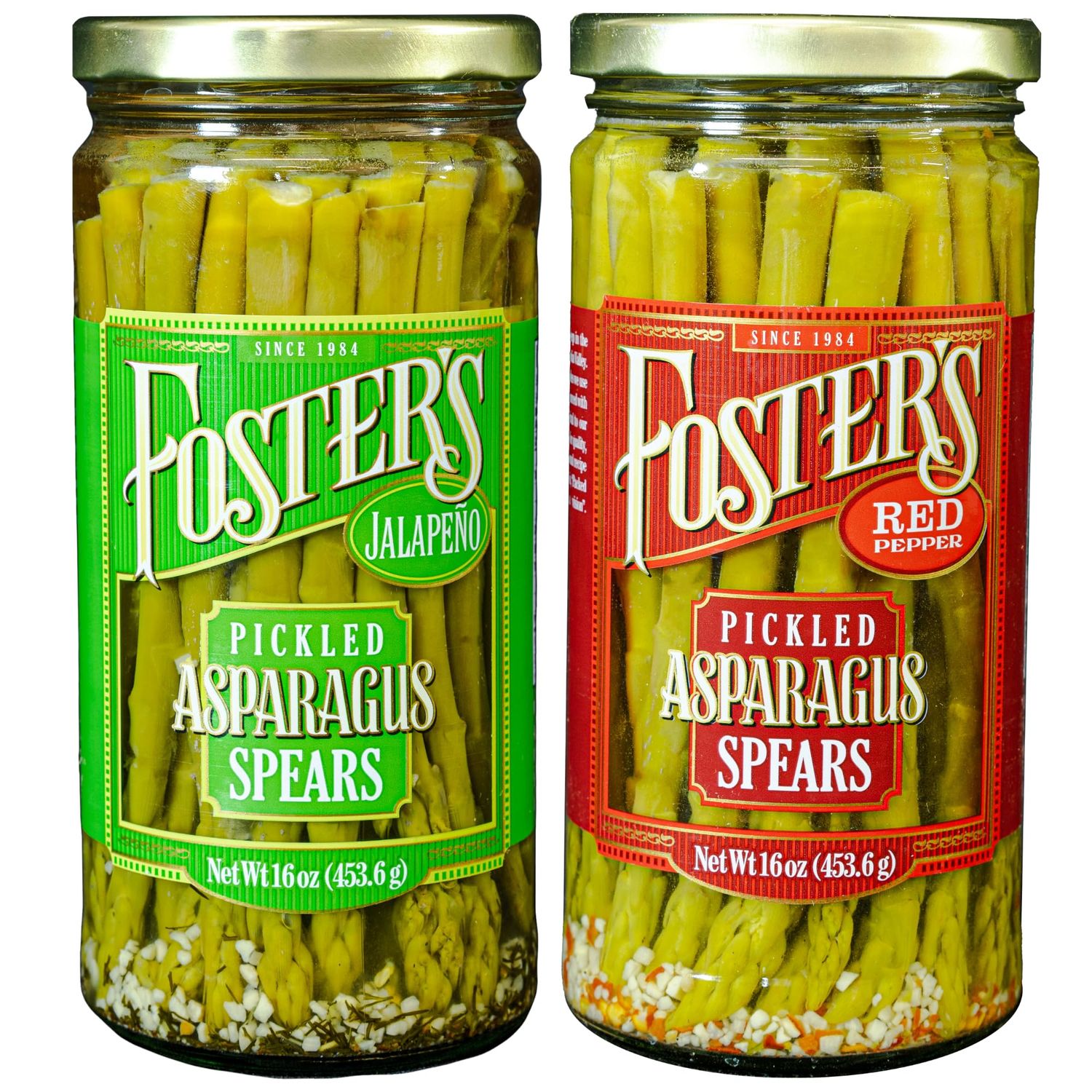 Fosters Pickled Asparagus- Variety Pack- 16oz- (2 Pack)- Red Pepper and Jalapeo- Spicy Pickled Asparagus Spears- Pickled Vegetables Recipe for 30 years - Gluten Free - Fat Free- NO Preservatives