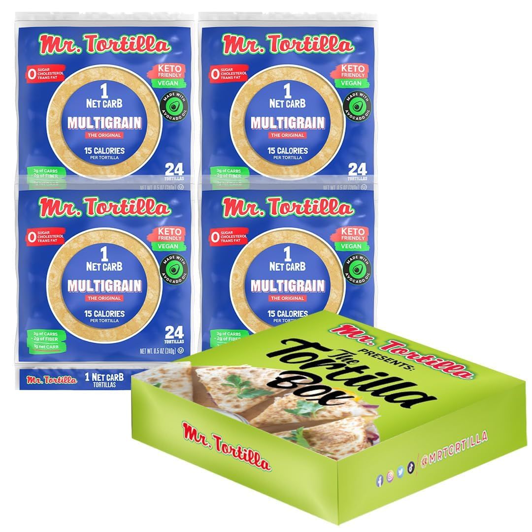 Mr. Tortilla Low Carb Tortilla Wraps - Keto Tortillas with Avocado Oil - Street Taco Size - 1 Net Carb per Serving - Low Calorie Keto Wraps - Low Carb Tortillas - (Multigrain, 96 Count)