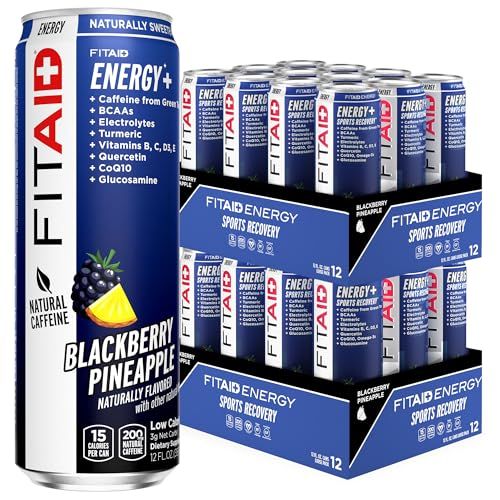 FITAID ENERGY, 200mg Natural Caffeine, Keto, Blackberry Pineapple, Optimum Performance Formula: BCAAs, Quercetin, Electrolytes, Omega-3s, 15 calories, Paleo, Vegan &amp; Gluten-Free 12 Fl Oz (Pack of 24)