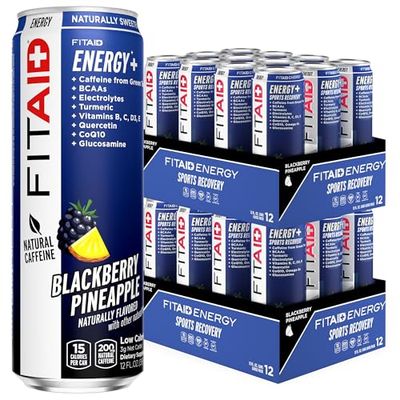 FITAID ENERGY, 200mg Natural Caffeine, Keto, Blackberry Pineapple, Optimum Performance Formula: BCAAs, Quercetin, Electrolytes, Omega-3s, 15 calories, Paleo, Vegan &amp; Gluten-Free 12 Fl Oz (Pack of 24)