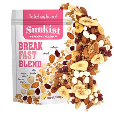 Sunkist Breakfast Blend Trail Mix - Fruit and Nut Combo, Low Sodium, Gluten Free Snack with Granola, Almonds, Cranberries, Yogurt Raisins, Banana Chips | Premium Quality | 13 oz Resealable Bag