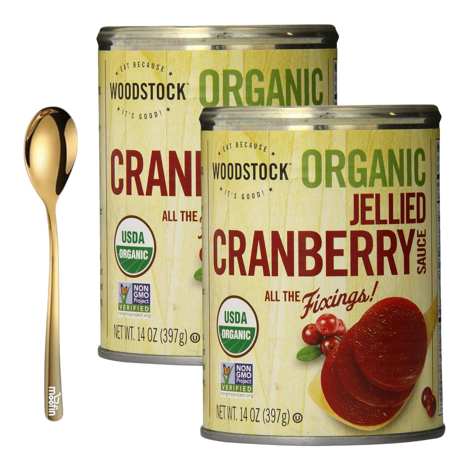 moofin Organic Jellied Cranberry Sauce, 14 Oz, Rich Smooth Jellied Sauces, Bundled with Golden SS Spoon - Perfect for Festive Dinners, Vibrant Natural Flavor, Non-GMO &amp; Versatile [Pack of 2]