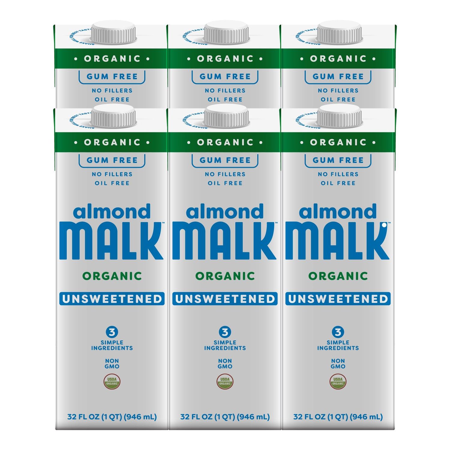 Malk Organic Unsweetened Almond Milk - 32 fl oz - 6 pack - Non GMO, Whole 30 approved, Dairy Free, Vegan, Plant Based