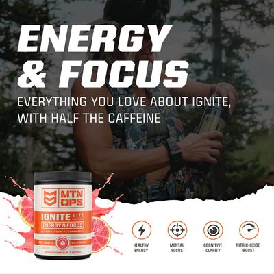 MTN OPS Ignite Lite Supercharged Energy Drink Mix - 100mg Caffeine, 45-Serving Tub, Raspberry Lemonade Flavor