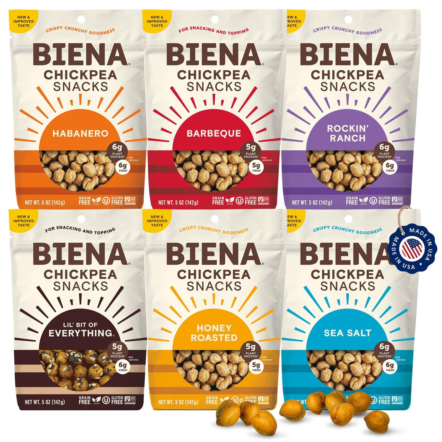 BIENA Chickpea Snacks - Crunchy Roasted Chickpeas - High Fiber Vegan Protein Snack for Adults &amp; Kids - 6-Pack, 5 oz Bags - BBQ, Habanero, Honey Roasted, Lil&#39; Bit of Everything, Sea Salt, Rockin&#39; Ranch