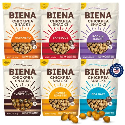 BIENA Chickpea Snacks - Crunchy Roasted Chickpeas - High Fiber Vegan Protein Snack for Adults &amp; Kids - 6-Pack, 5 oz Bags - BBQ, Habanero, Honey Roasted, Lil&#39; Bit of Everything, Sea Salt, Rockin&#39; Ranch