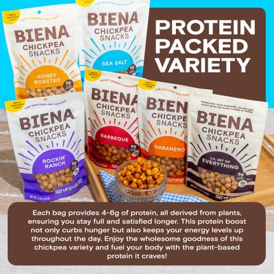BIENA Chickpea Snacks - Crunchy Roasted Chickpeas - High Fiber Vegan Protein Snack for Adults & Kids - 6-Pack, 5 oz Bags - BBQ, Habanero, Honey Roasted, Lil' Bit of Everything, Sea Salt, Rockin' Ranch