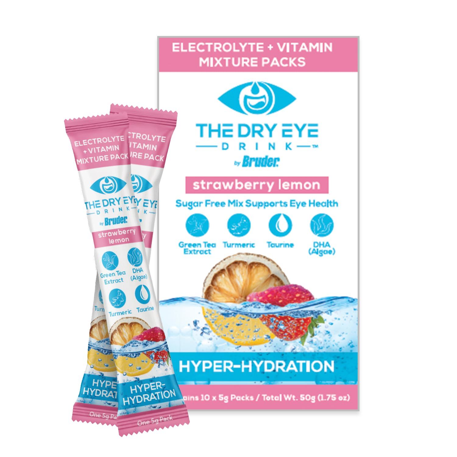 The Dry Eye Drink l Ultimate Hydration for Dry Eyes l Sugar-Free Electrolyte Powder Packets l Blended with Vitamins, Green Tea, Turmeric, Taurine, and DHA l 5g x 10 Packets (Strawberry Lemon)