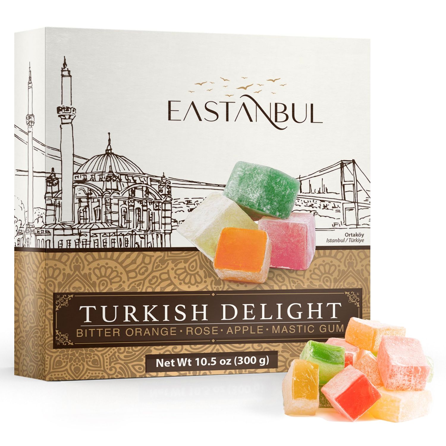 Eastanbul Turkish Delight Candy 10.5oz, 4 Mediterranean Flavors, Turkish Delights Assorted, Lokum Turkish Delight Rose, Bitter Orange, Apple, Mastic Gum, Turkish Delights, Mother&#39;s Day Gift