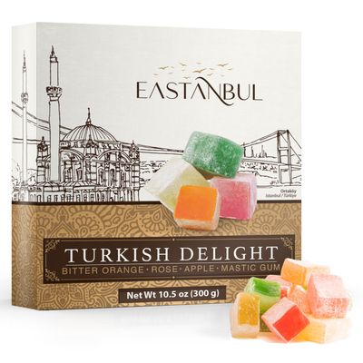 Eastanbul Turkish Delight Candy 10.5oz, 4 Mediterranean Flavors, Turkish Delights Assorted, Lokum Turkish Delight Rose, Bitter Orange, Apple, Mastic Gum, Turkish Delights, Mother&#39;s Day Gift