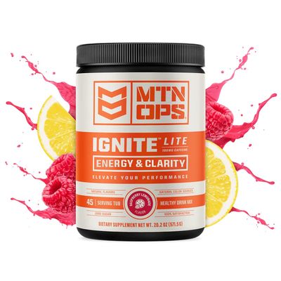 MTN OPS Ignite Lite Supercharged Energy Drink Mix - 100mg Caffeine, 45-Serving Tub, Raspberry Lemonade Flavor