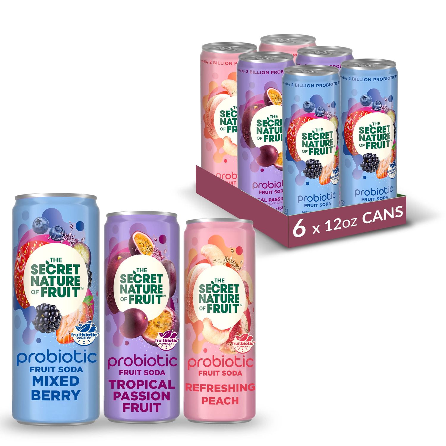 The Secret Nature of Fruit Probiotic Fruit Soda 3-Flavor Variety Pack, Supports Gut Health &amp; Immunity, 2 Billion Probiotics, Zero Added Sugar, 15% Fruit Juice, High in Vitamin C - 12oz (Pack of 6)