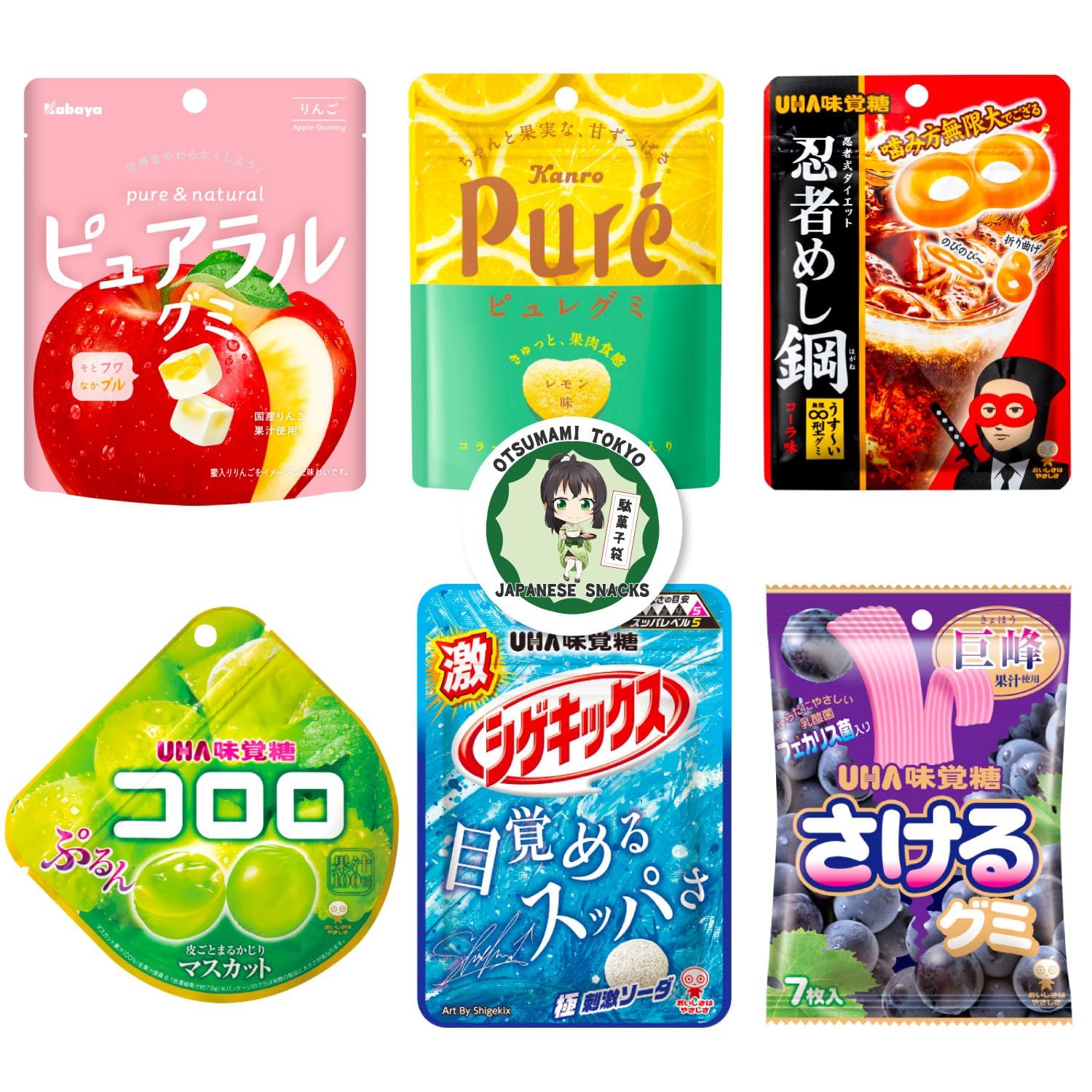 Japanese Gummy Candies 6pcs Set, 13oz, Various Chewiness, Soft, Hard, Fruity, Soda, Cola, Great for Snacks or Gifts, HiChew Candy included as an Extra