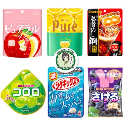 Japanese Gummy Candies 6pcs Set, 13oz, Various Chewiness, Soft, Hard, Fruity, Soda, Cola, Great for Snacks or Gifts, HiChew Candy included as an Extra