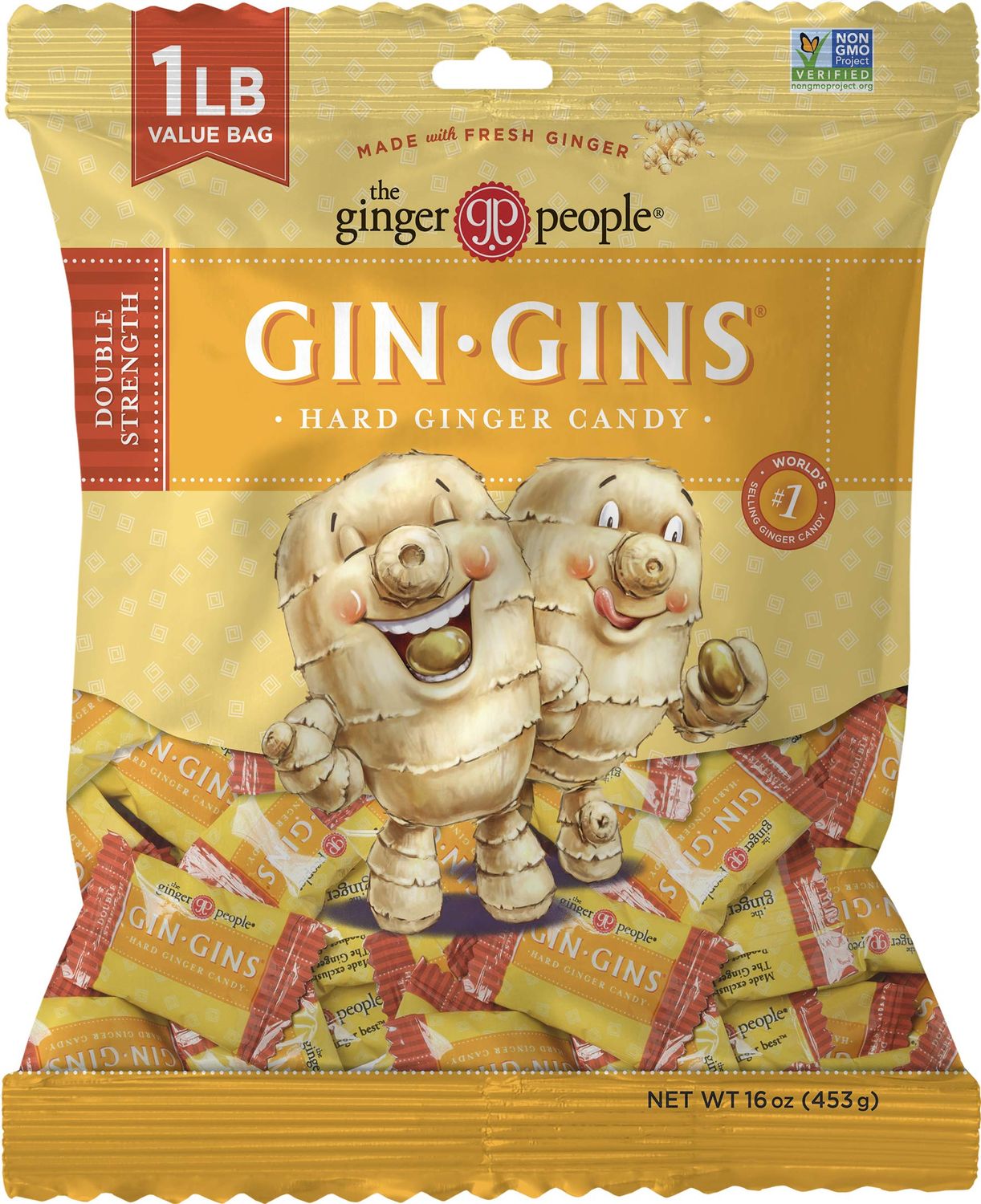 GIN GINS Double Strength Ginger Hard Candy - Natural Ginger Candy by The Ginger People - Individually Wrapped Healthy Candy - Double Strength Flavor - Large 1 lb Bag (16oz) - Pack of 1