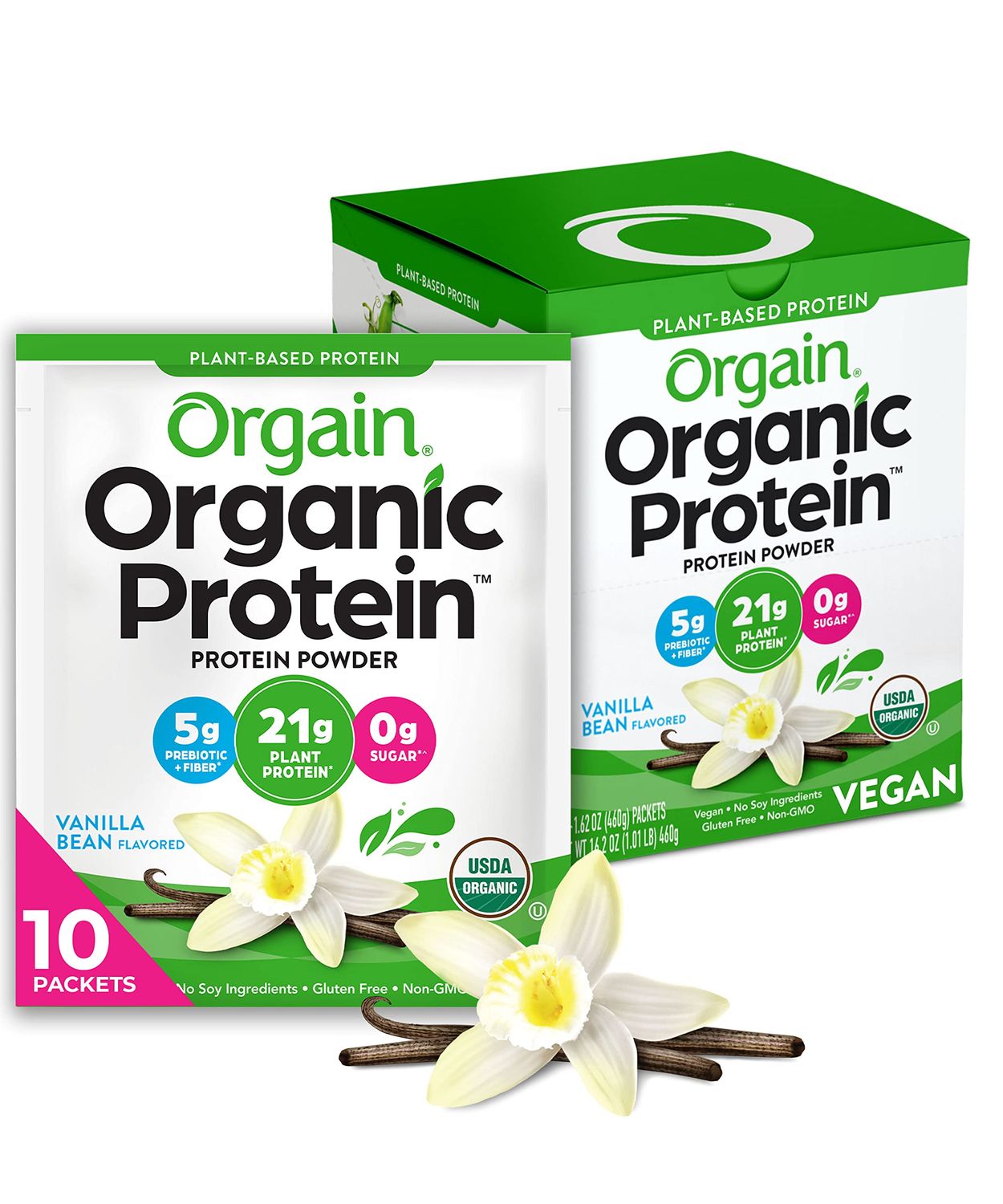 Orgain Organic Vegan Protein Powder, Vanilla Bean - 21g Plant Protein, 5g Prebiotic Fiber, Low Carb, No Lactose Ingredients, No Added Sugar, Non-GMO, For Shakes &amp; Smoothies, 10 Travel Packs