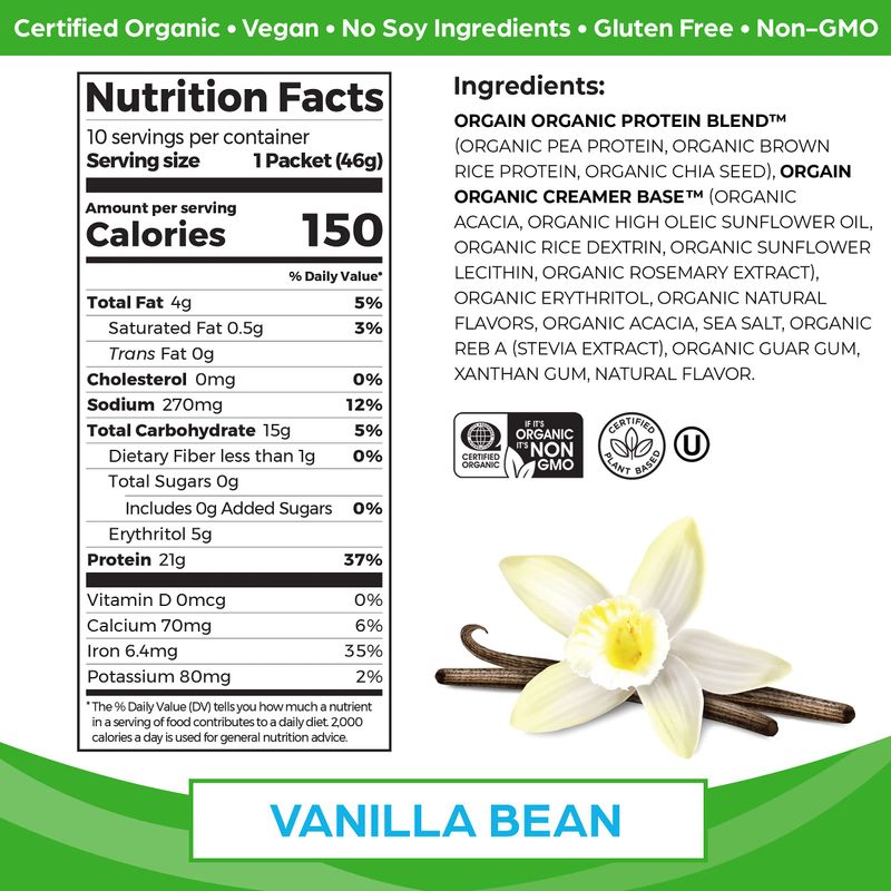 Orgain Organic Vegan Protein Powder, Vanilla Bean - 21g Plant Protein, 5g Prebiotic Fiber, Low Carb, No Lactose Ingredients, No Added Sugar, Non-GMO, For Shakes &amp; Smoothies, 10 Travel Packs