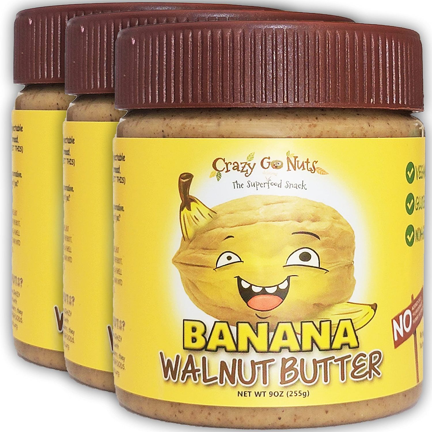 Crazy Go Nuts Walnut Butter - Banana, 9 oz (3-Pack) - Healthy Snacks, Keto, Vegan, Low Carb, Gluten Free, Superfood - Natural, Non-GMO, ALA, Omega 3 Fatty Acids, Good Fats and Antioxidants