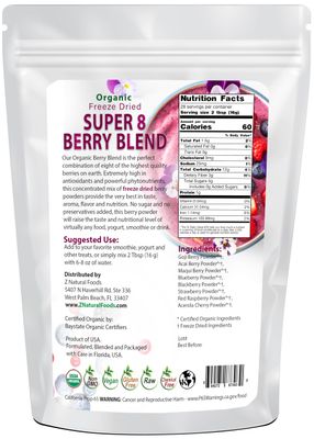 Z Natural Foods Super 8 Berry Blend - Organic Freeze Dried Berry Powder, Fruit Superfood Powder - Delicious Powdered Fruit Berry, Antioxidant Powder for Smoothies, Yogurts, Healthy Drink Mix, 1 lb