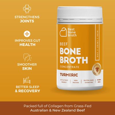 BEEF BONE BROTH CONCENTRATE Turmeric Flavor Grass Fed - Made from Australian Cattle - full of protein &amp; collagen | 35 servings/ 2.25 GL of broth | Just add water | Keto &amp; Paleo Friendly | Sippable