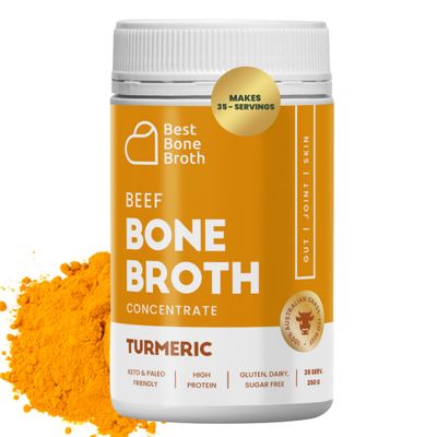 BEEF BONE BROTH CONCENTRATE Turmeric Flavor Grass Fed - Made from Australian Cattle - full of protein &amp; collagen | 35 servings/ 2.25 GL of broth | Just add water | Keto &amp; Paleo Friendly | Sippable