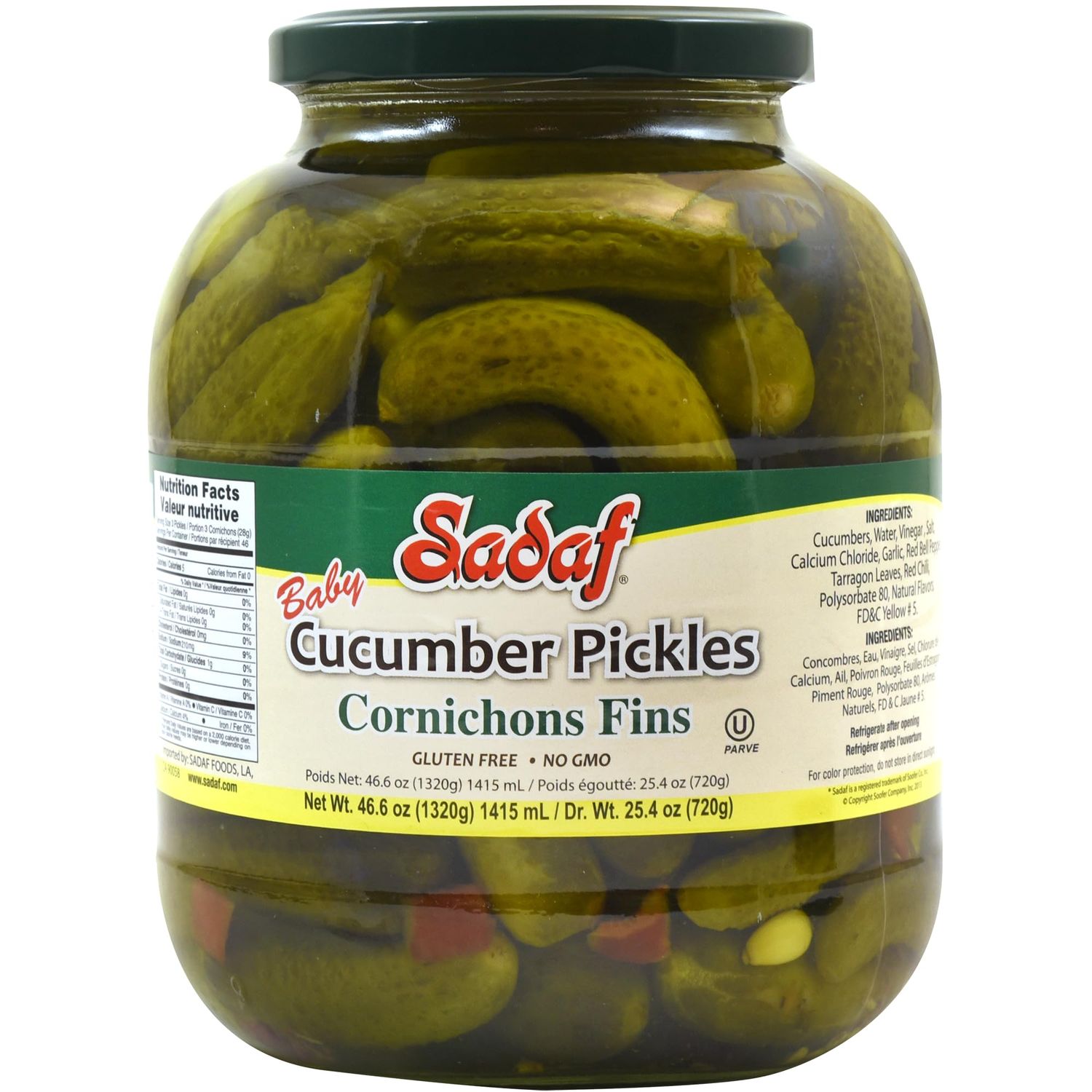 Sadaf Baby Cucumber Pickles - Cornichons Pickles - Mini Cucumbers Pickled - Cucumbers in Brine - Cornichons Fins - Kosher - 46.6 oz
