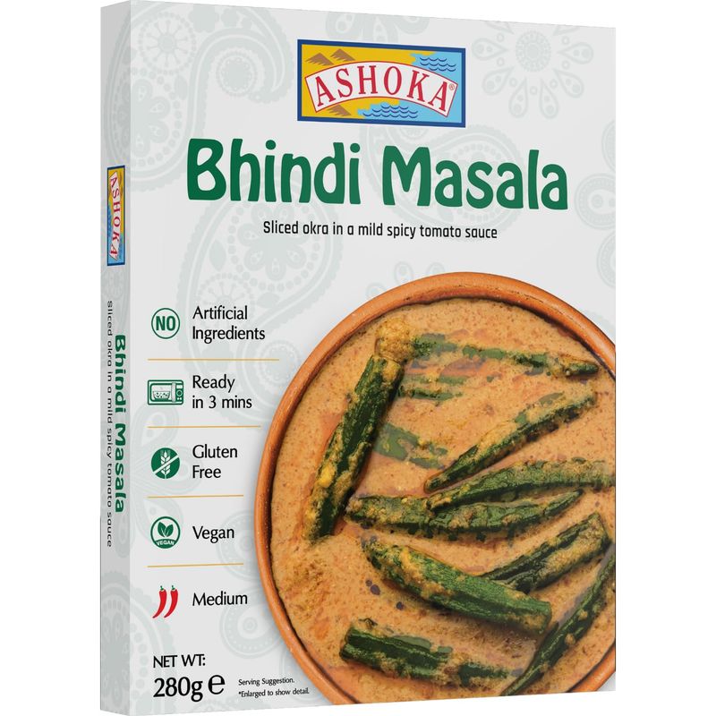 ASHOKA Ready to Eat 1932, Vegan Spiced Orka, All-Natural Bhindi Masala, Real Indian Meals, Kosher Certified, Great for Offices, Healthy Work Lunch, Gluten-Free, and with No Preservatives, Pack of 1