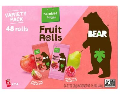 Bear Real Fruit Snack Rolls, Strawberry &amp; Raspberry Variety Pack, 48 Roll (24pk, 2 rolls per Pack)