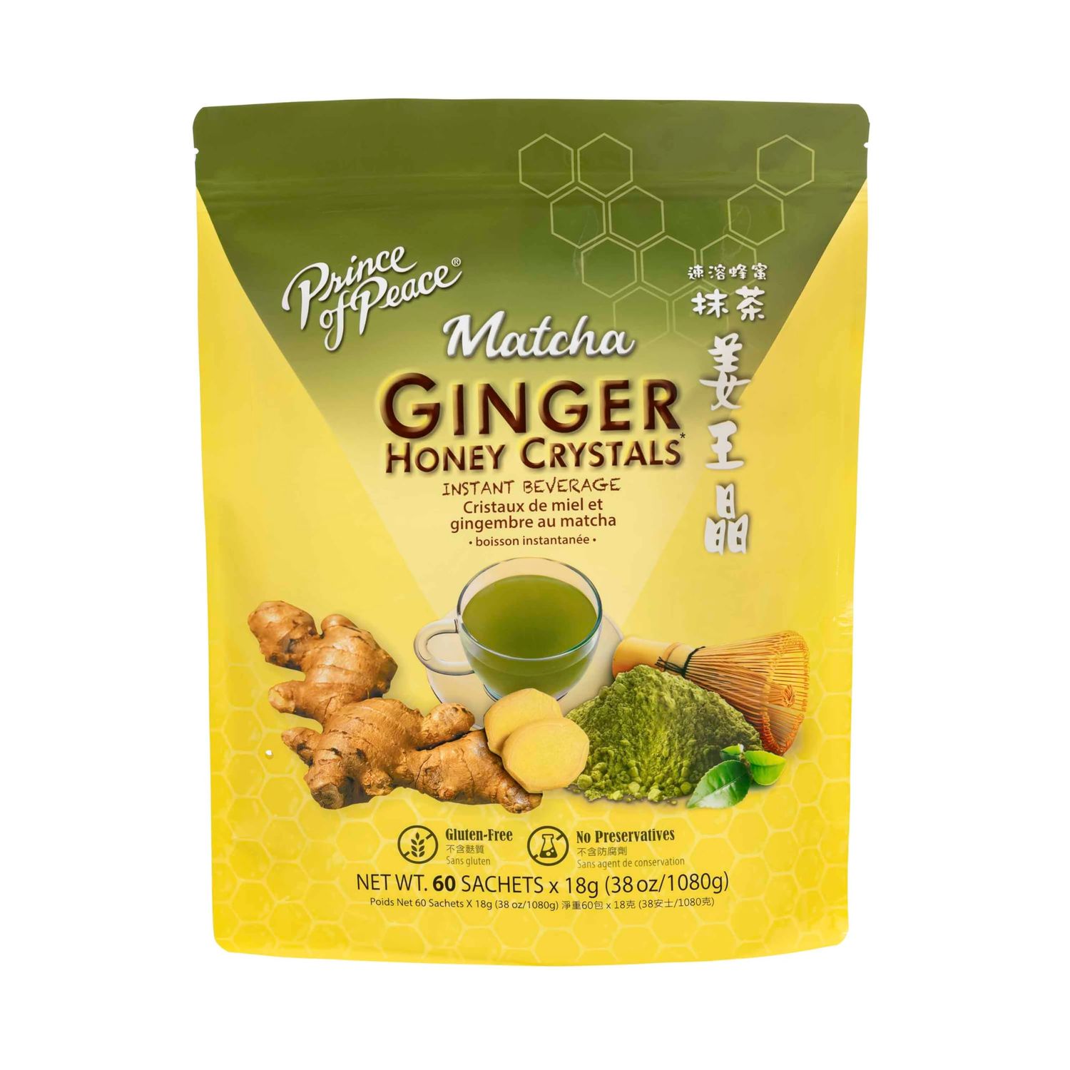 Prince of Peace Instant Ginger Honey Crystals with Matcha, 60 Sachets - Instant Hot or Cold Beverage that Soothes Throat - Easy to Brew - Drink Like a Tea - Gluten Free - Real Ginger