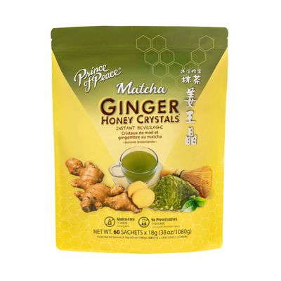Prince of Peace Instant Ginger Honey Crystals with Matcha, 60 Sachets - Instant Hot or Cold Beverage that Soothes Throat - Easy to Brew - Drink Like a Tea - Gluten Free - Real Ginger