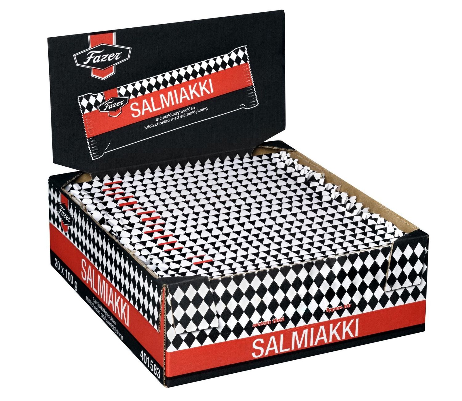 20 Bars x 100g of Fazer Salmiakki - Original - Finnish - Classic - Milk Chocolate with Salty Licorice filling
