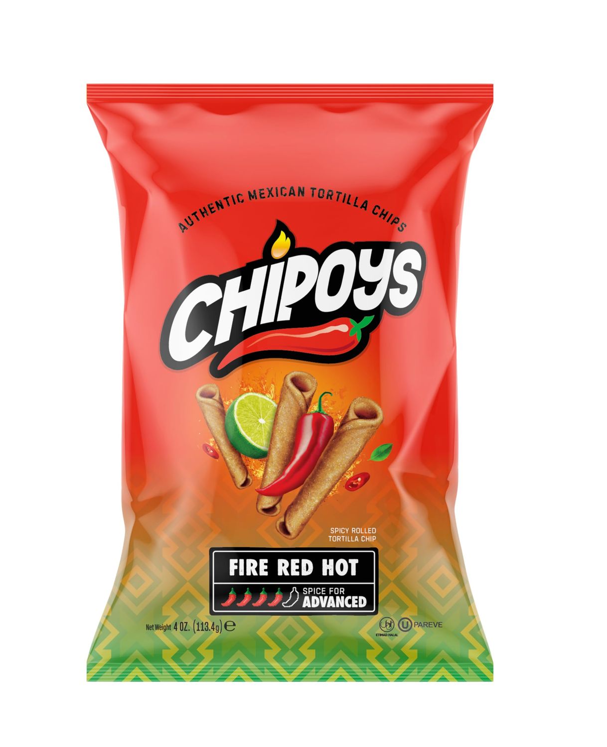 Chipoys Fire Red Hot Spicy Rolled Corn Tortilla Chips, Gluten-Free, No Trans Fat, High Protein, Low-Calorie Flavorful Mexican Snacks, Made of Crunchy Maiz Chips with Natural Ingredients