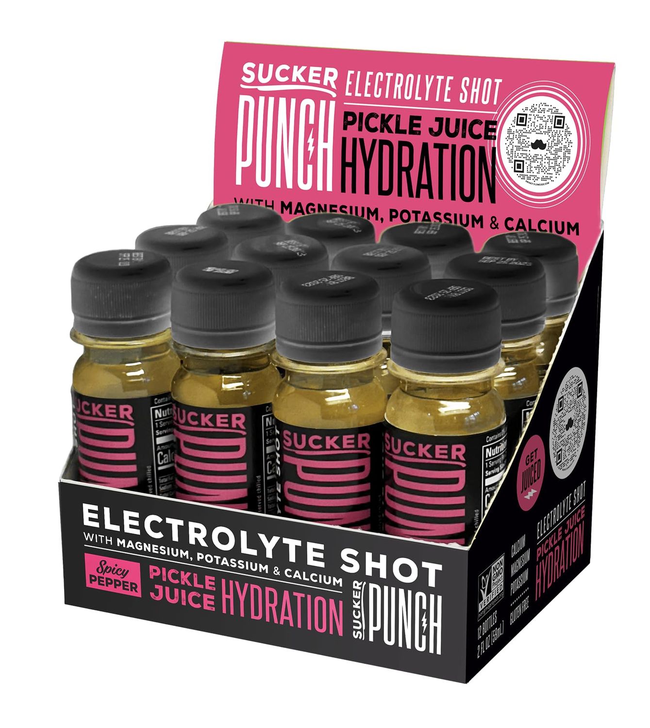Suckerpunch Hydration Pickle Juice Shot, Spicy Dill Flavor, Gluten Free, Post Workout, Spicy Pickle Electrolyte Drink, Low Calorie, Muscle Cramp Defense, Potassium, Keto Friendly, Non GMO, 2 Oz, 12 CT