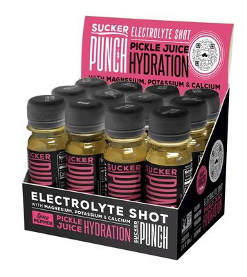 Suckerpunch Hydration Pickle Juice Shot, Spicy Dill Flavor, Gluten Free, Post Workout, Spicy Pickle Electrolyte Drink, Low Calorie, Muscle Cramp Defense, Potassium, Keto Friendly, Non GMO, 2 Oz, 12 CT