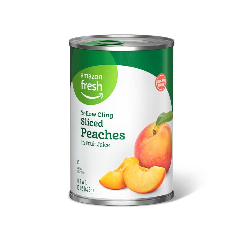 Amazon Fresh, Yellow Cling Sliced Peaches in Fruit Juice, 15 Oz (Previously Happy Belly, Packaging May Vary)