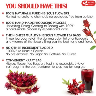 FreshDrinkUS, Premium 60 Hibiscus Flowers Tea Bags, 100% Natural & Pure from Hibiscus Flowers. Loose Flower Hibiscus Herbal Tea. No Sugar, No Caffeine, No Gluten, Vegan.