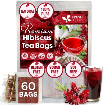 FreshDrinkUS, Premium 60 Hibiscus Flowers Tea Bags, 100% Natural &amp; Pure from Hibiscus Flowers. Loose Flower Hibiscus Herbal Tea. No Sugar, No Caffeine, No Gluten, Vegan.
