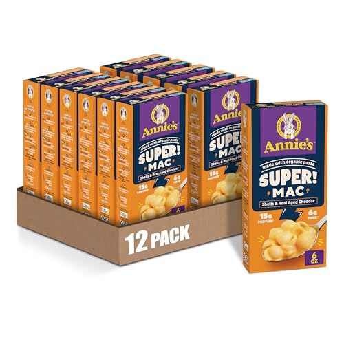 Annie&#39;s Super! Mac, Protein Macaroni And Cheese Dinner, Shells &amp; Real Aged Cheddar, 6 oz. (Pack of 12)