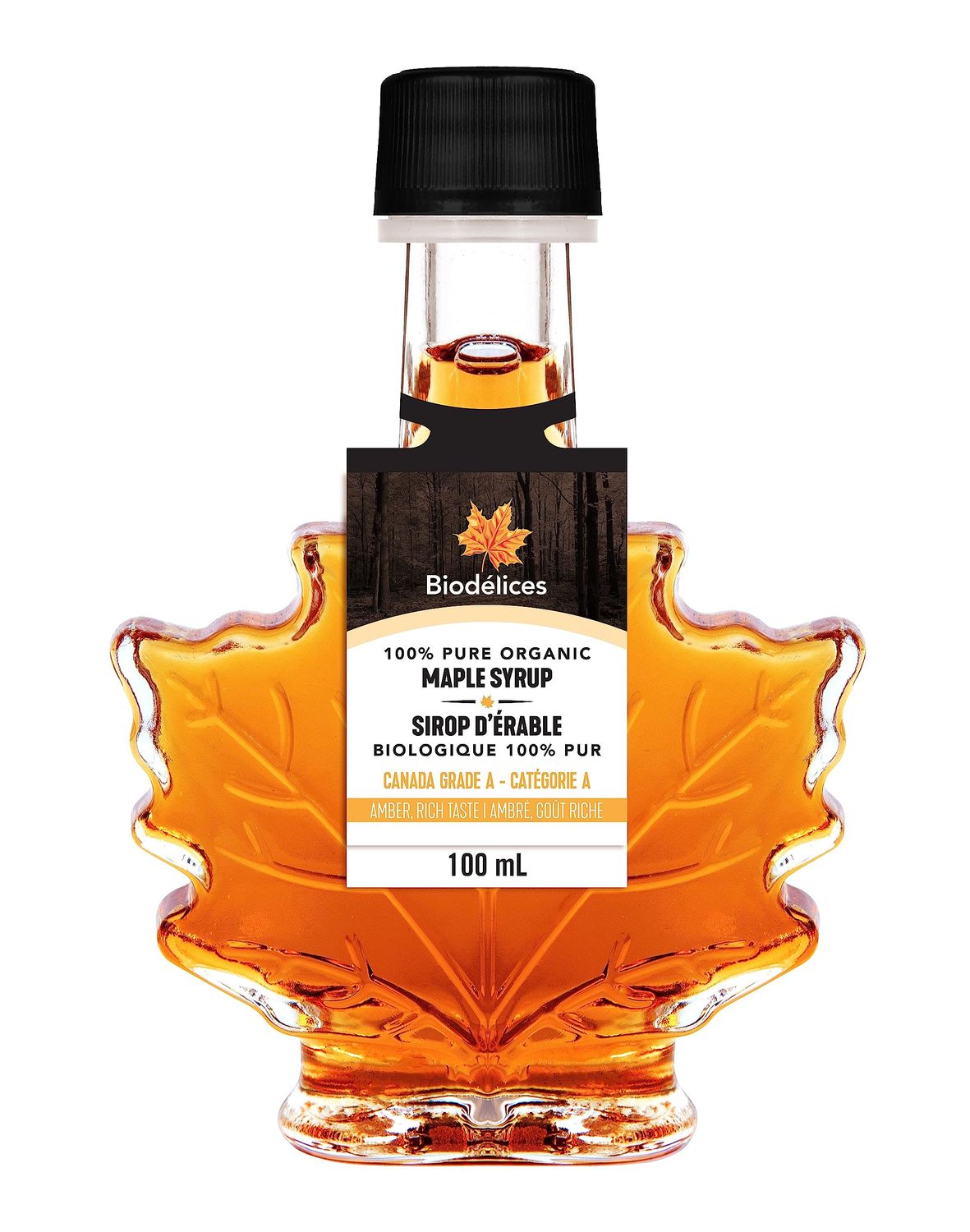 Biodlices 100% Pure Organic Maple Syrup - Premium Grade A - Quebec&#39;s Finest in Elegant Maple Leaf Bottle (3.38 Fl Oz (Pack of 1))