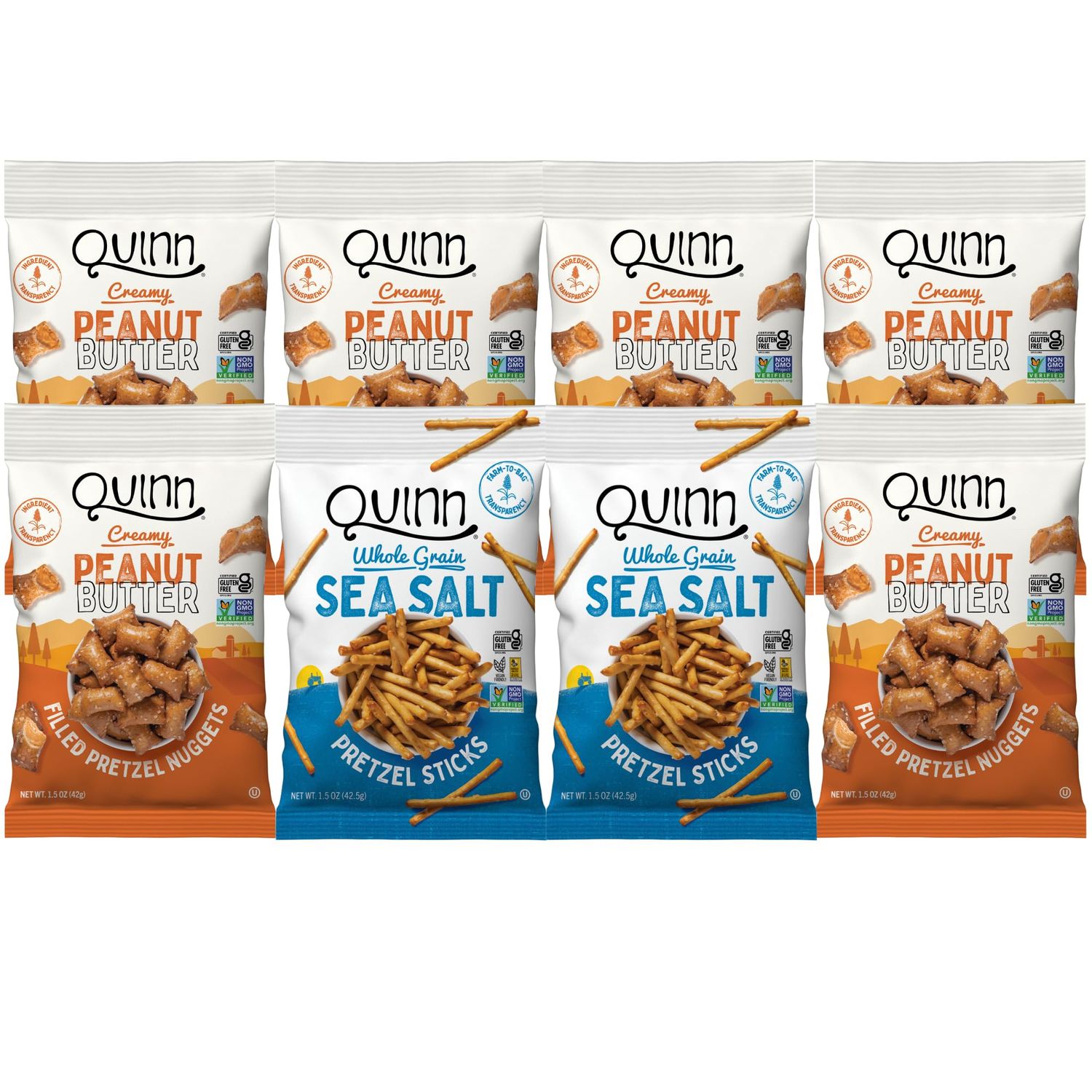 Quinn Pretzel Nuggets Tester Pack - Made with Real Ingredients, Whole Grain Sorghum, Sea Salt, Vegan, Gluten Free, Dairy Free, Non-GMO - (6) Peanut Butter, (2) Sea Salt Stick, 1.5 Oz (Pack of 8)