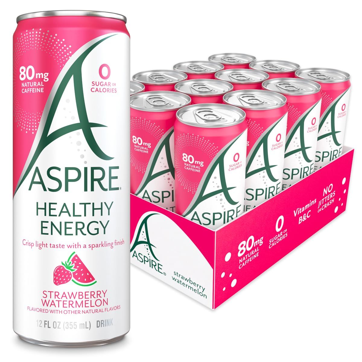 ASPIRE Strawberry Watermelon, Healthy Energy Drink with Low Caffeine, No Sugar, Carbs, and Keto Friendly, 12 Pack