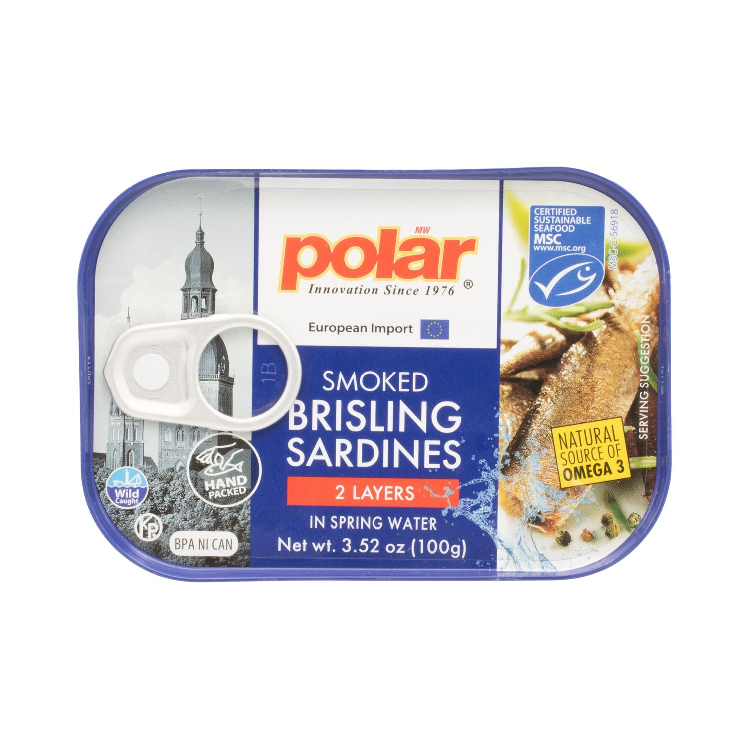 MW Polar Smoked Brisling Sardines in Spring Water, 3.52 oz Can, Wild Caught (Pack of 12)