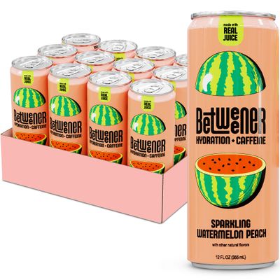 Betweener Sparkling Energy, Sparkling Water w/Real Juice &amp; 100mg Caffeine, Light &amp; Refreshing, L-Theanine for Focus, Vitamins B+C - Low Sugar - 45 Cals - Watermelon Peach (12 Pack)