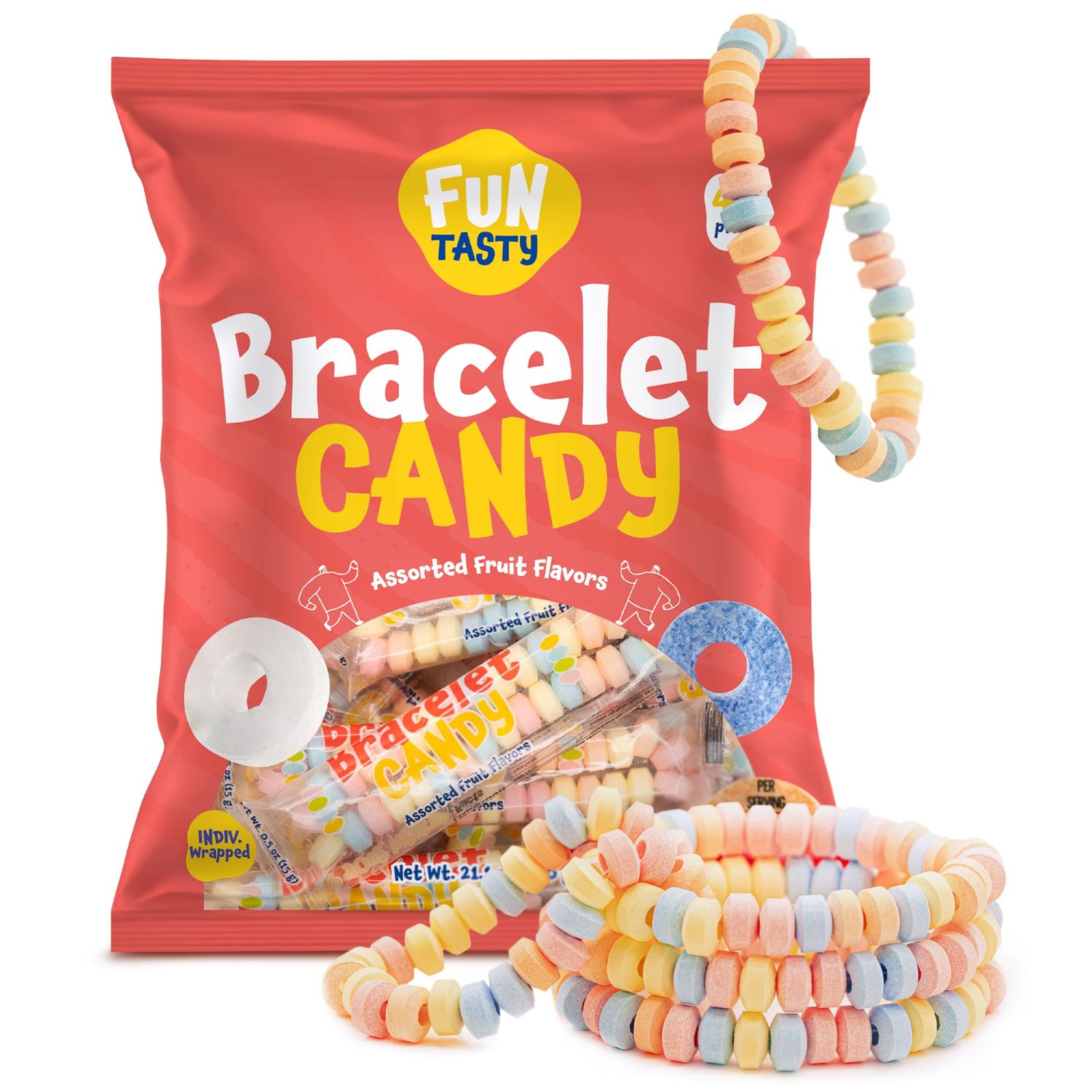 Funtasty Candy Bracelets - 21-Ounce Bag (40 Count) Party Favors - Fruit Flavors, Individually Wrapped, Stretchable