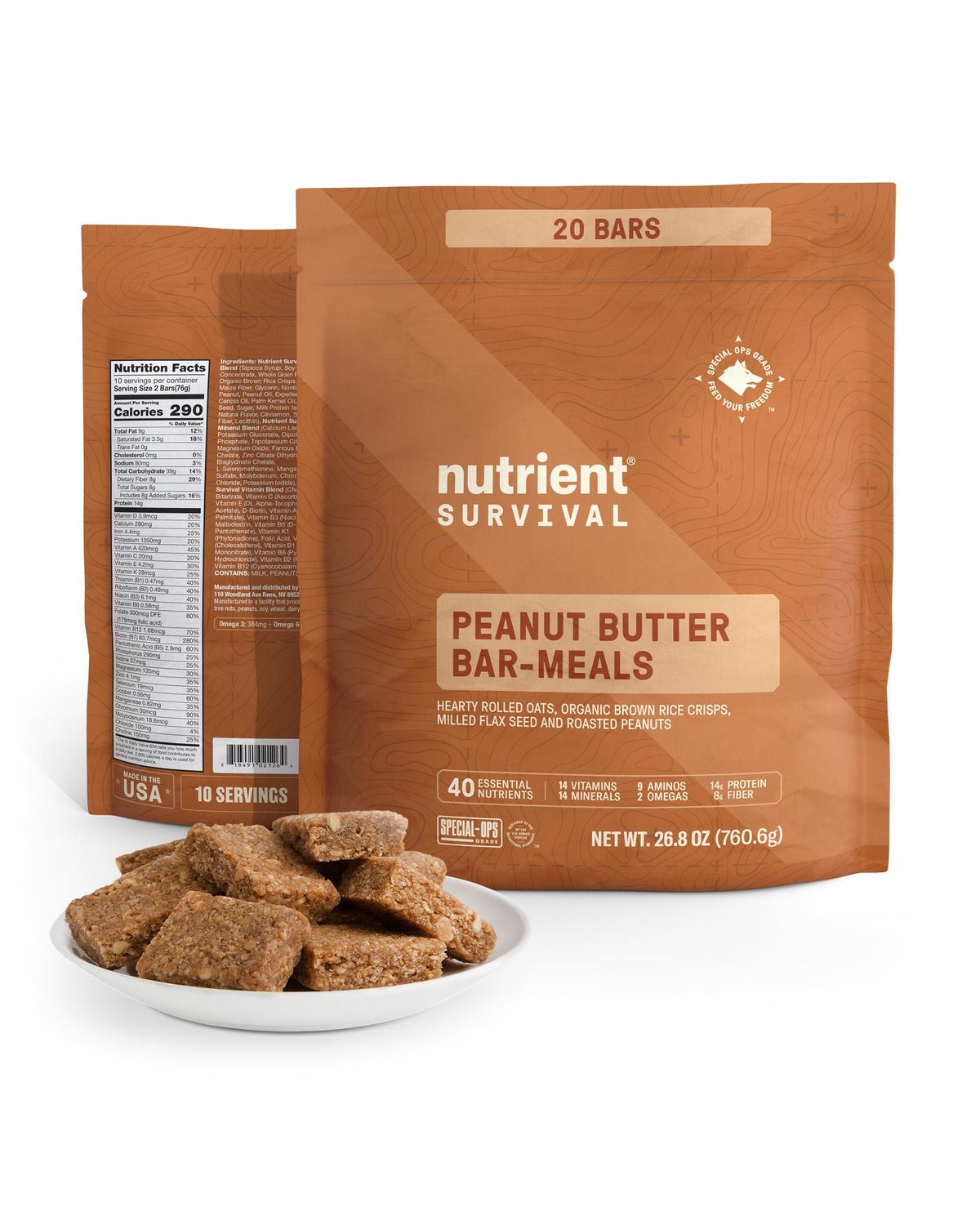 Nutrient Survival MRE Peanut Butter Bars Meal Replacement (10 Servings) Freeze Dried Prepper Supplies &amp; Emergency Food Supply, Gluten Free, Shelf Stable Up to 18 Months, 20 Individually Wrapped Bars