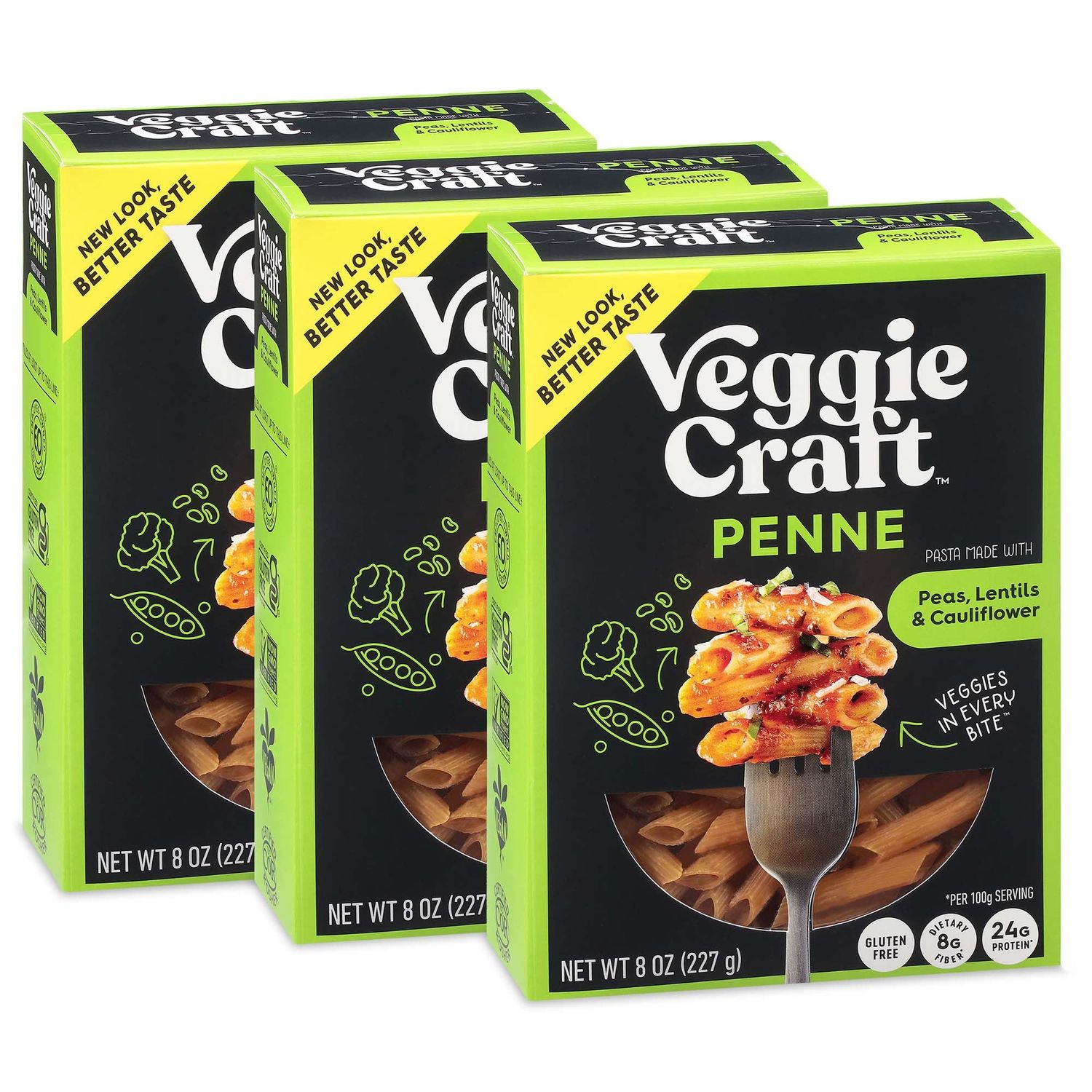 Veggiecraft Farms Penne Pasta - Low Carb Pasta, High Protein, Made with Cauliflower, Lentil &amp; Peas, Gluten Free, Plant Based Pasta Noodles, High Fiber, Vegan, Non-GMO - 8 Oz (Pack of 3)