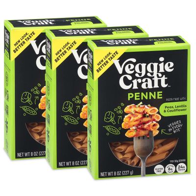 Veggiecraft Farms Penne Pasta - Low Carb Pasta, High Protein, Made with Cauliflower, Lentil &amp; Peas, Gluten Free, Plant Based Pasta Noodles, High Fiber, Vegan, Non-GMO - 8 Oz (Pack of 3)